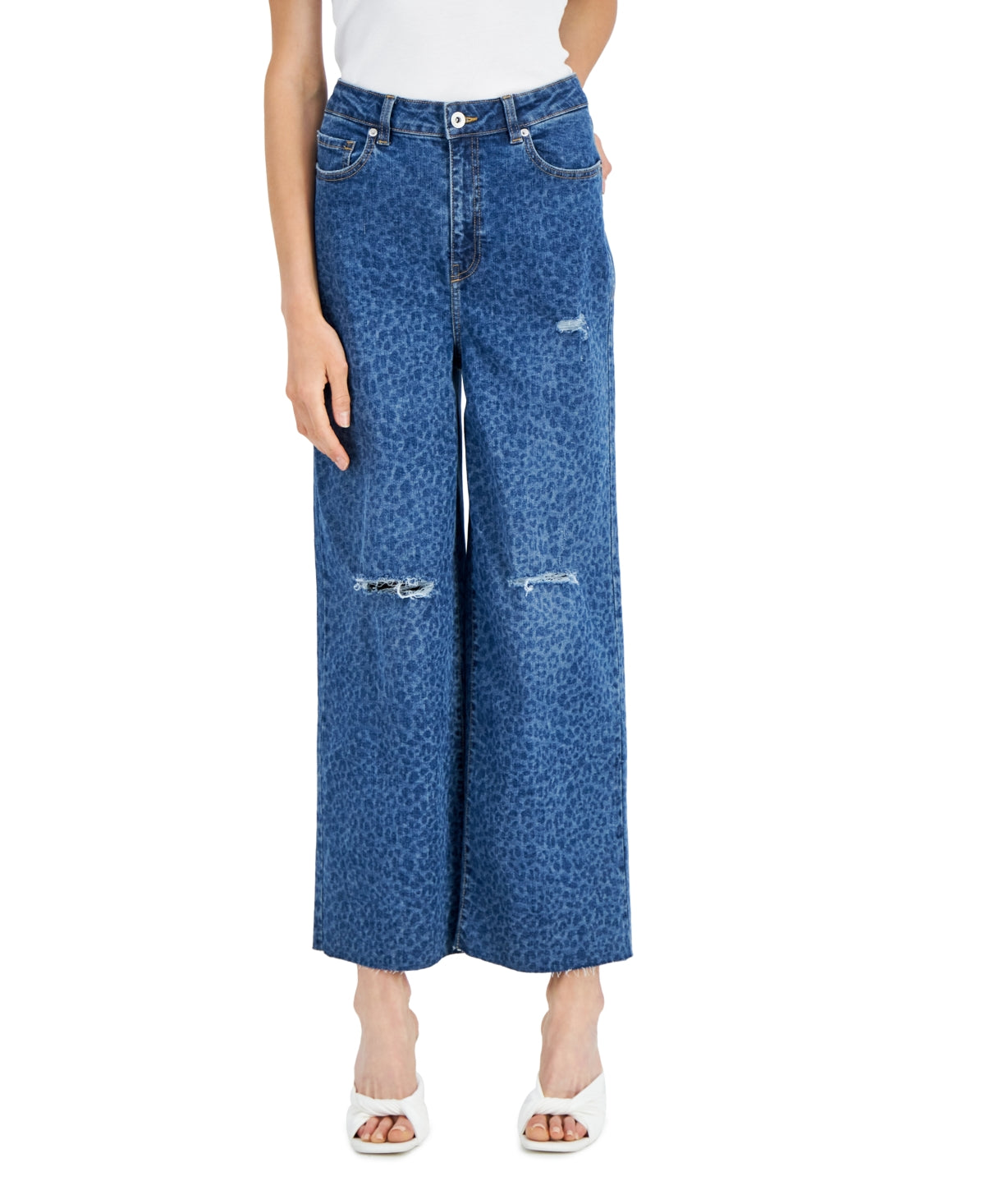 Calça jeans feminina com estampa animal e perna larga destruída da INC International Concepts, azul, tamanho 4
