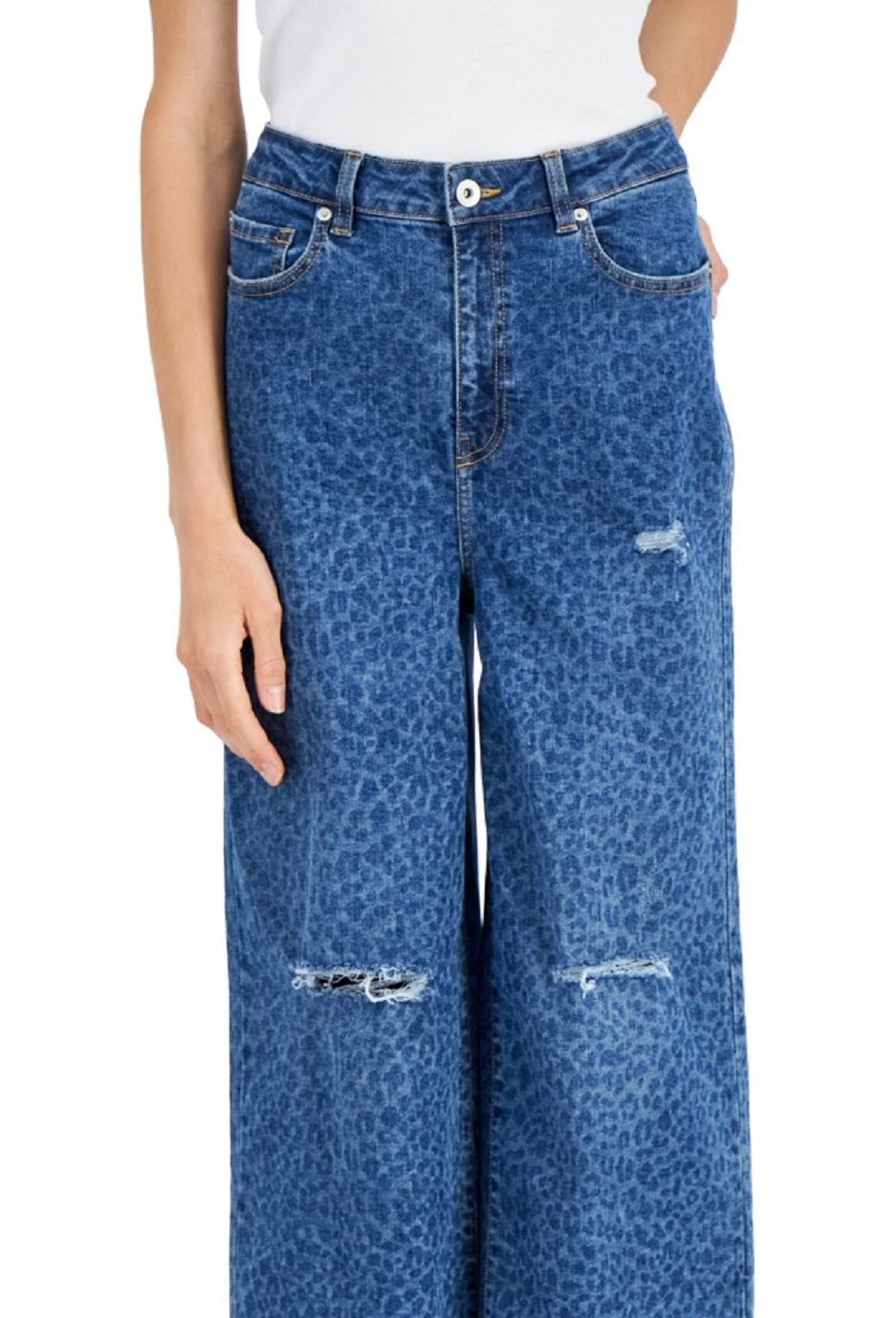 Calça jeans feminina com estampa animal e perna larga destruída da INC International Concepts, azul, tamanho 6