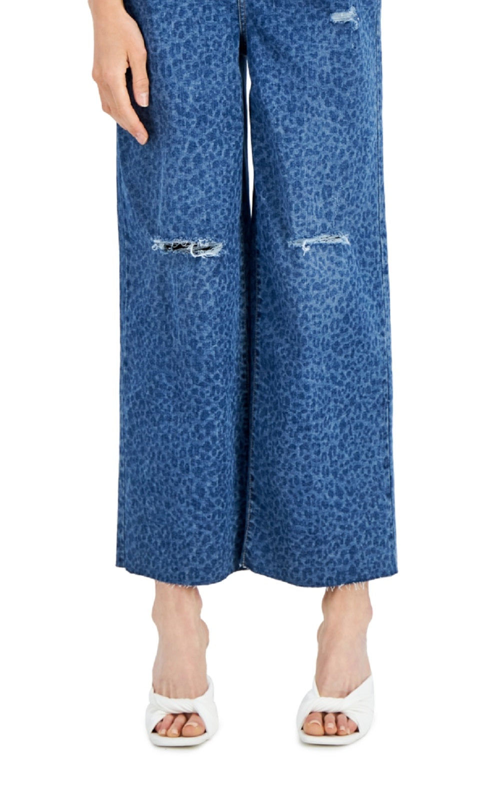 Calça jeans feminina com estampa animal e perna larga destruída da INC International Concepts, azul, tamanho 14