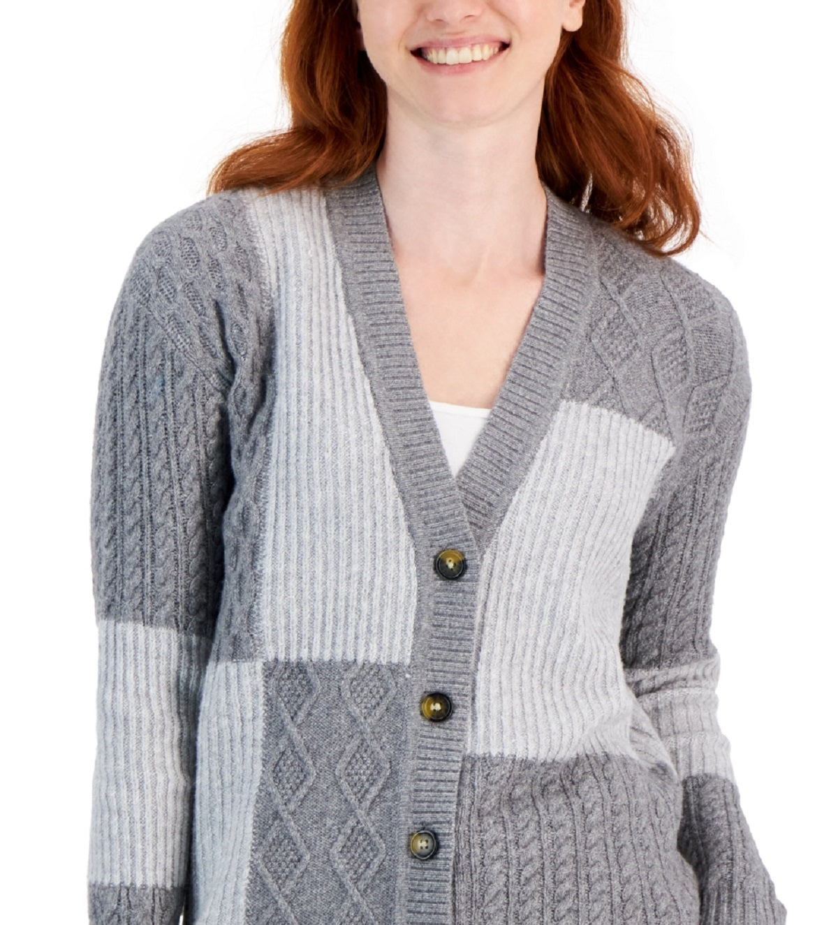 Cardigan de malha patchwork feminino Charter Club cinza tamanho X-S