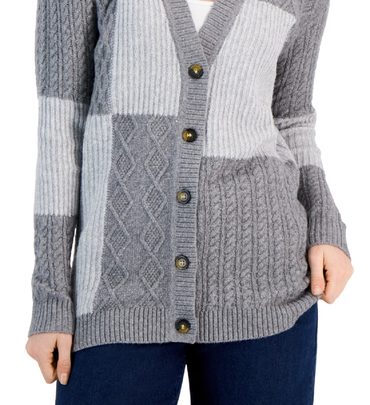 Cardigan de malha patchwork feminino Charter Club cinza tamanho X-S