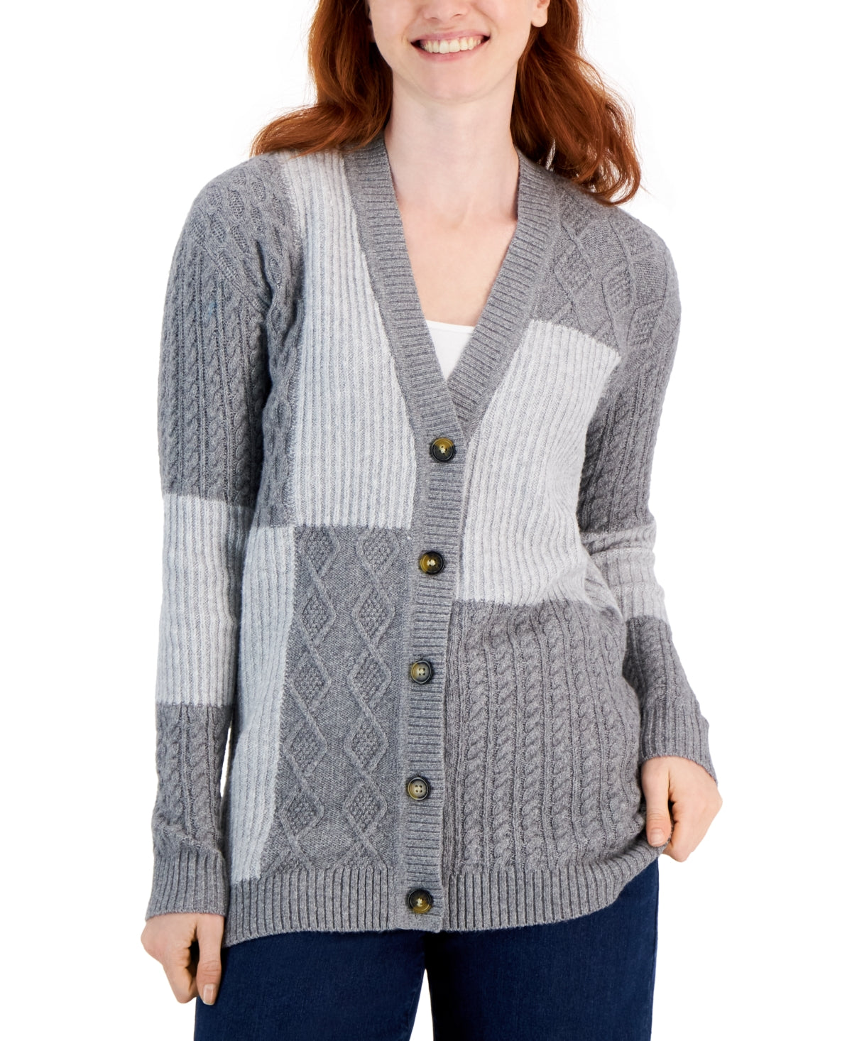 Cardigan de malha patchwork feminino Charter Club cinza tamanho X-S