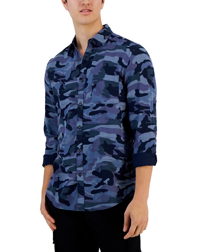 Camisa Alfani Masculina com Estampa Camuflada e Bolso Frontal e Manga Longa, Azul, Tamanho Médio
