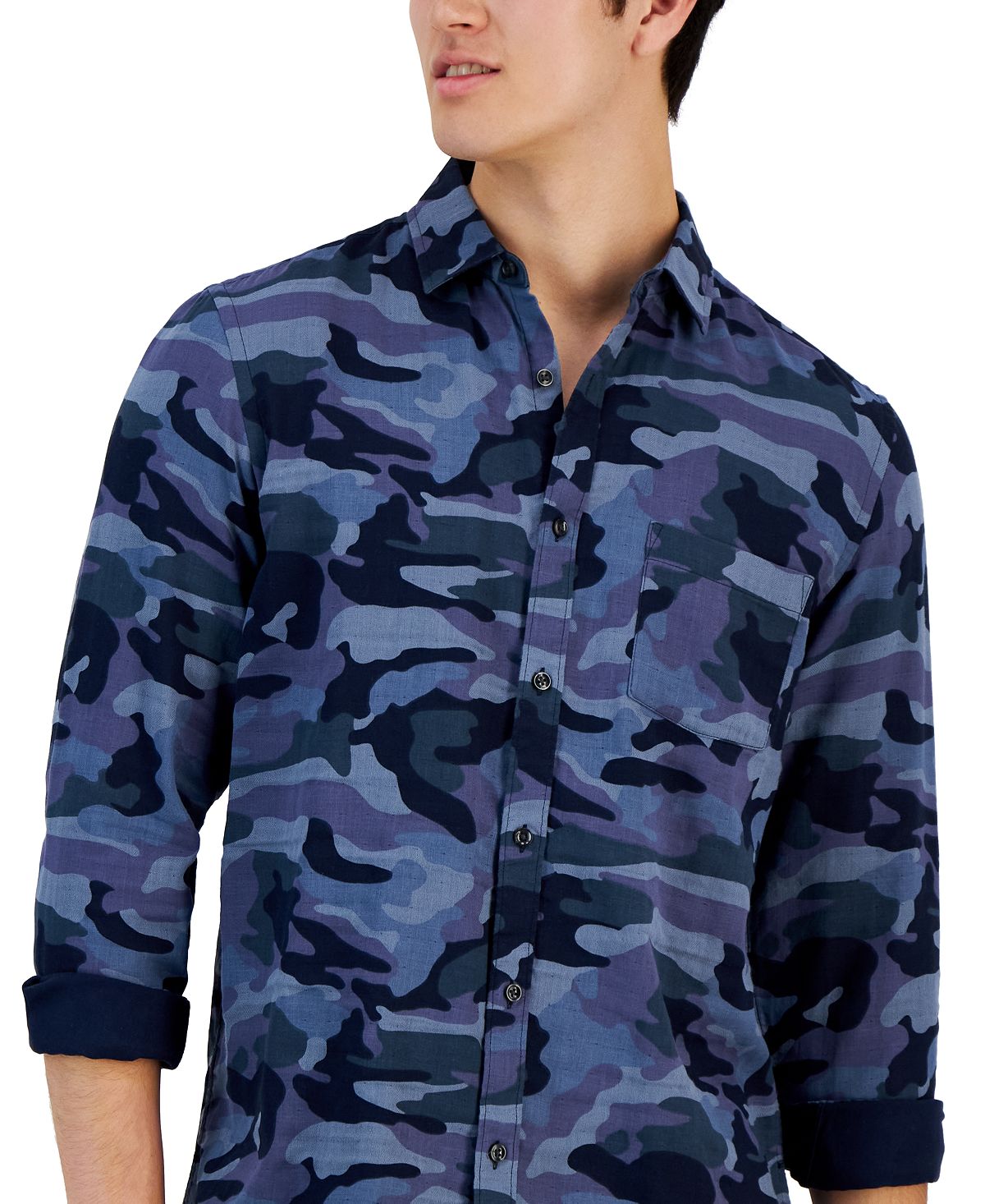 Camisa Alfani Masculina com Estampa Camuflada e Bolso Frontal e Manga Longa, Azul, Tamanho Médio