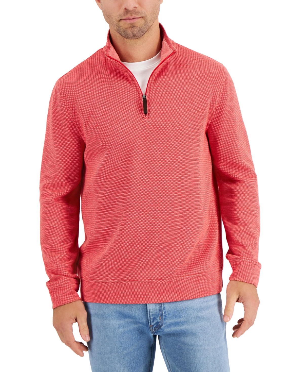 Pulôver masculino Club Room Birdseye Quarter Zip Laranja Tamanho Grande