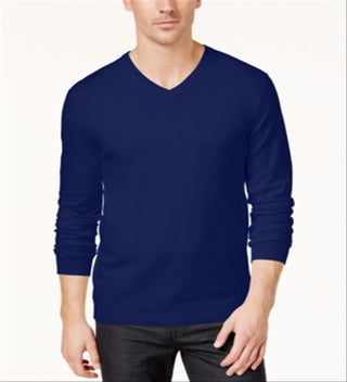 Suéter masculino Alfani com decote em V, azul, tamanho médio