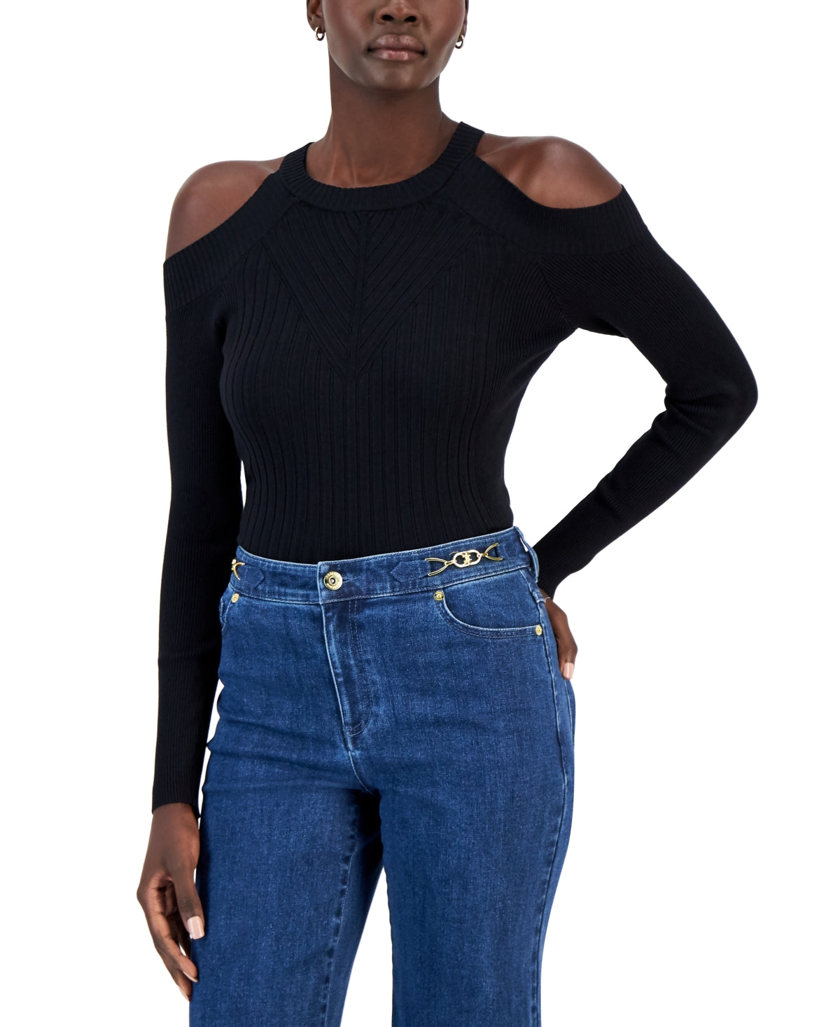 Suéter feminino canelado com ombros descobertos da INC International Concepts, preto, tamanho XX-G