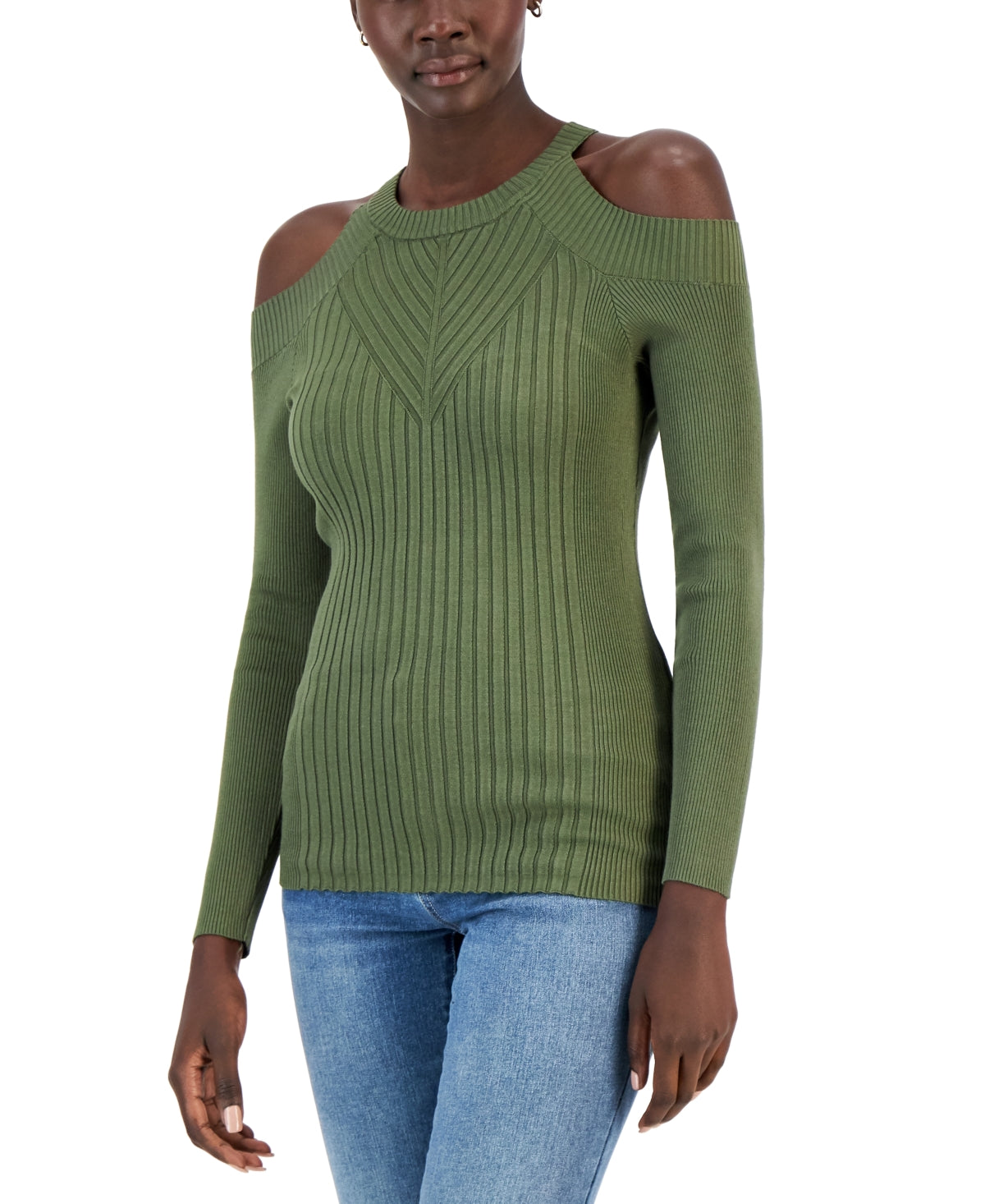 Suéter feminino canelado com ombros descobertos da INC International Concepts, verde, tamanho X-S