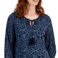 Blusa estampada camponesa feminina JM Collection, azul, tamanho pequeno