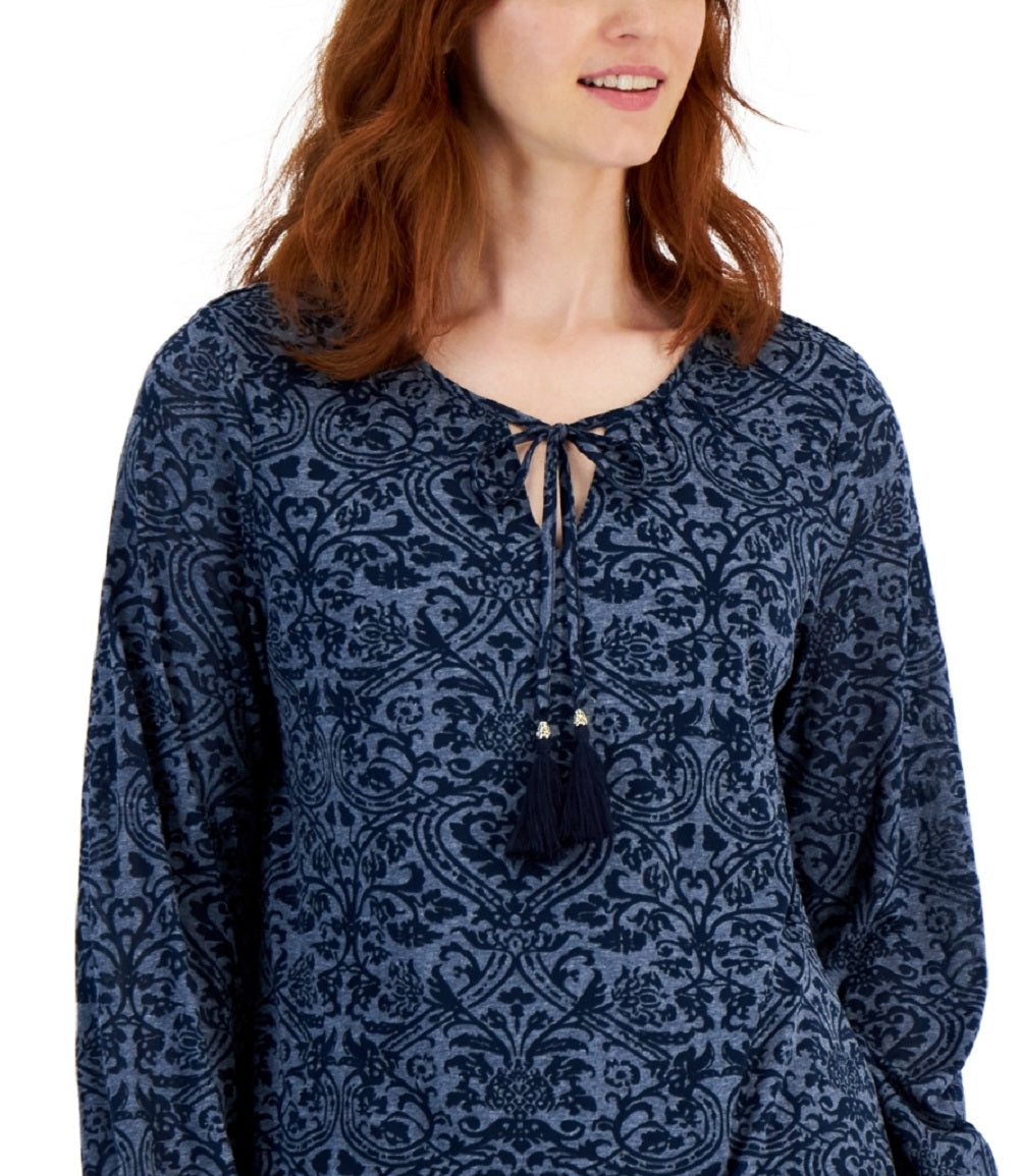 Blusa estampada camponesa feminina JM Collection, azul, tamanho pequeno
