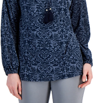 JM Collection Women's Printed Peasant Blouse Blue Size Small