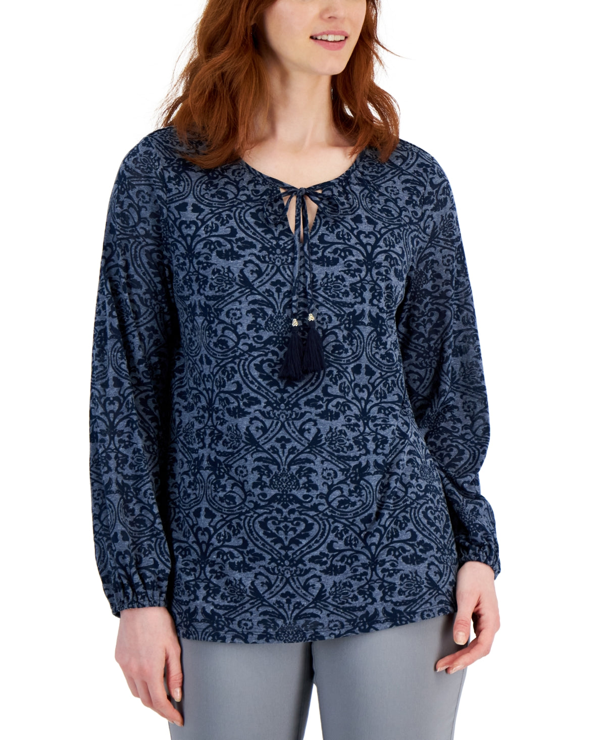 Blusa estampada camponesa feminina JM Collection, azul, tamanho pequeno