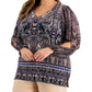 Blusa feminina com estampa paisley e mangas divididas, azul, tamanho 3X, da coleção JM