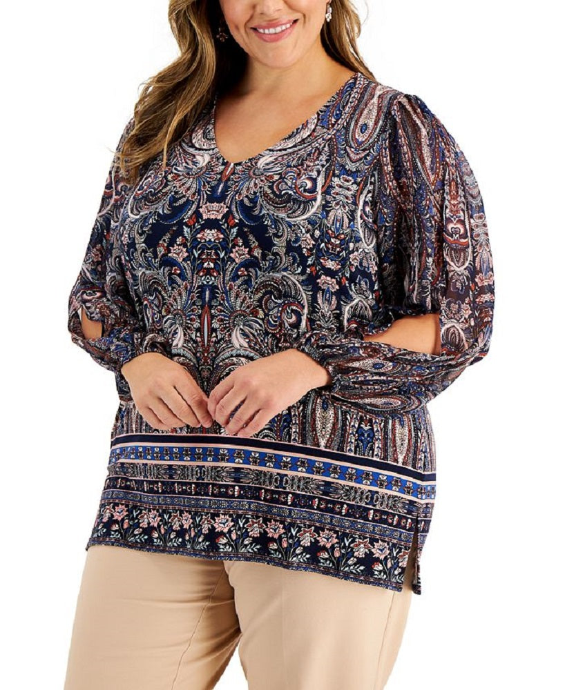 Blusa feminina com estampa paisley e mangas divididas, azul, tamanho 3X, da coleção JM