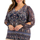 Blusa feminina com estampa paisley e mangas divididas, azul, tamanho 3X, da coleção JM