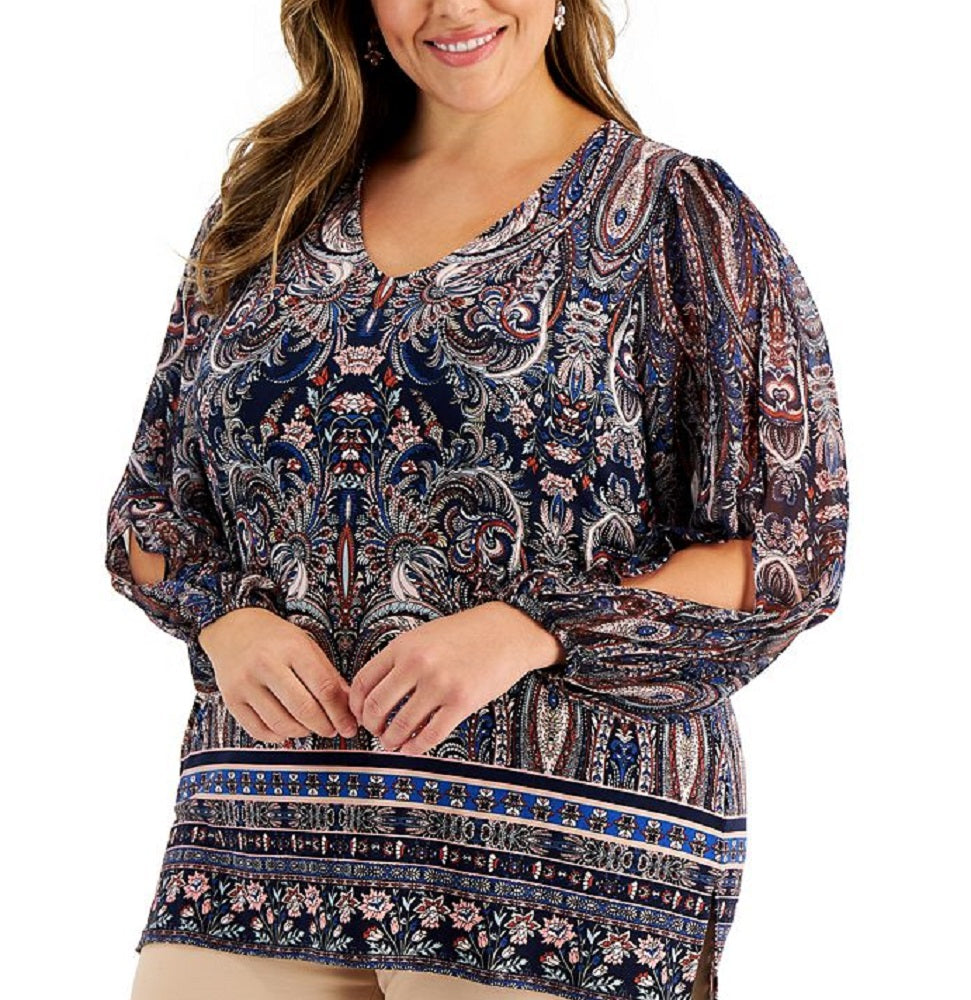 Blusa feminina com estampa paisley e mangas divididas, azul, tamanho 3X, da coleção JM