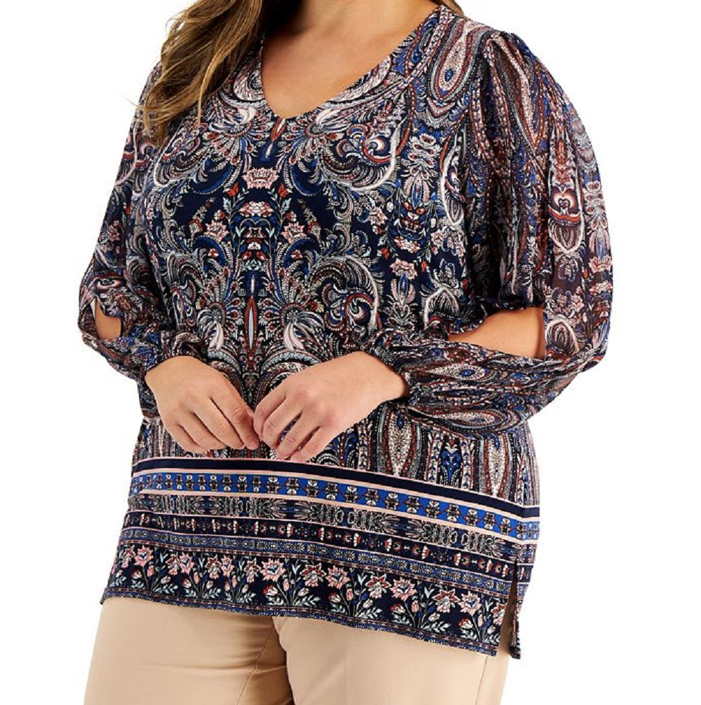 Blusa feminina com estampa paisley e mangas divididas, azul, tamanho 3X, da coleção JM