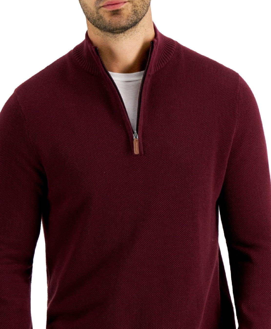 Suéter de algodão texturizado com zíper de um quarto masculino Club Room, vermelho, tamanho pequeno