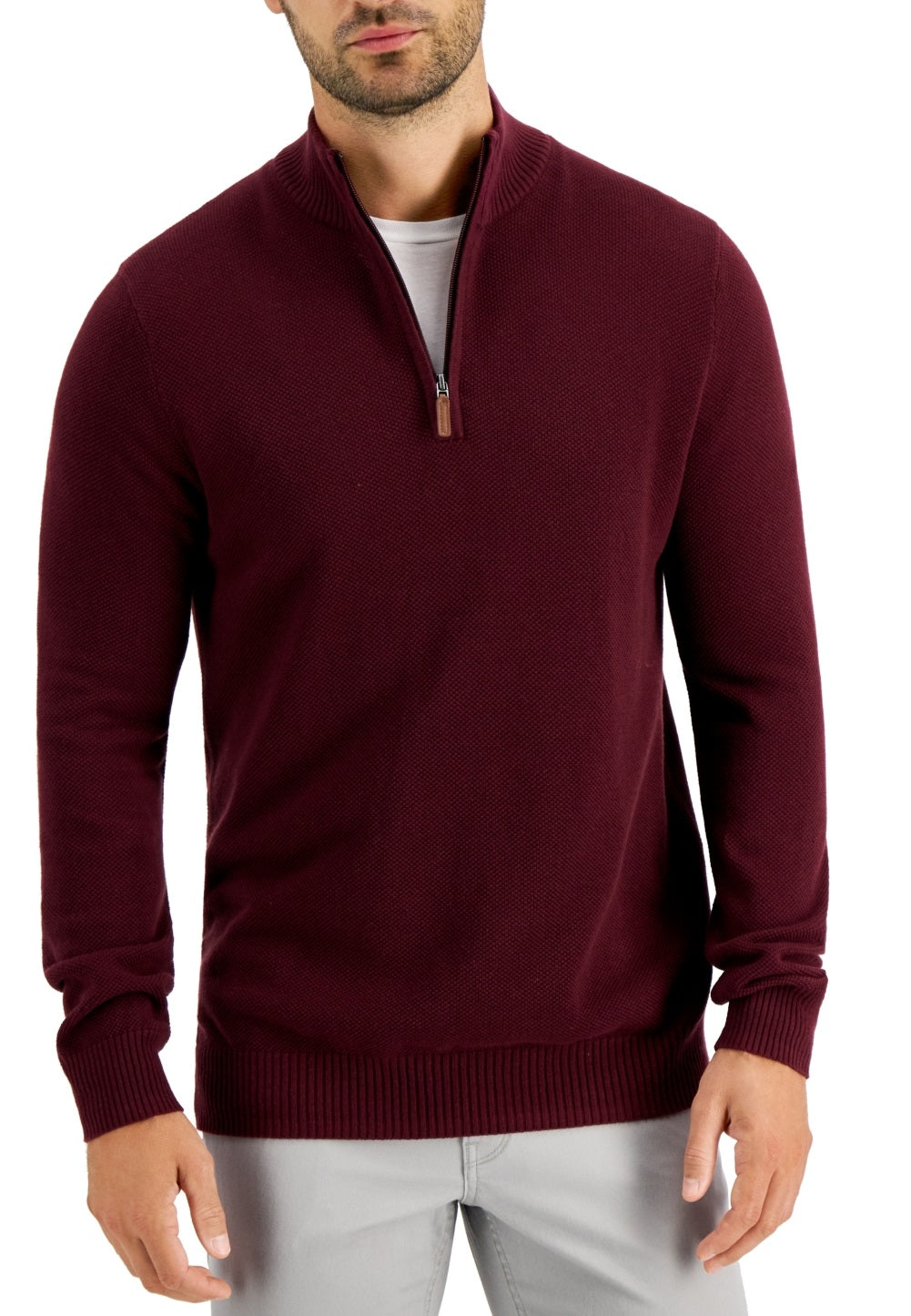 Suéter de algodão texturizado com zíper de um quarto masculino Club Room, vermelho, tamanho grande