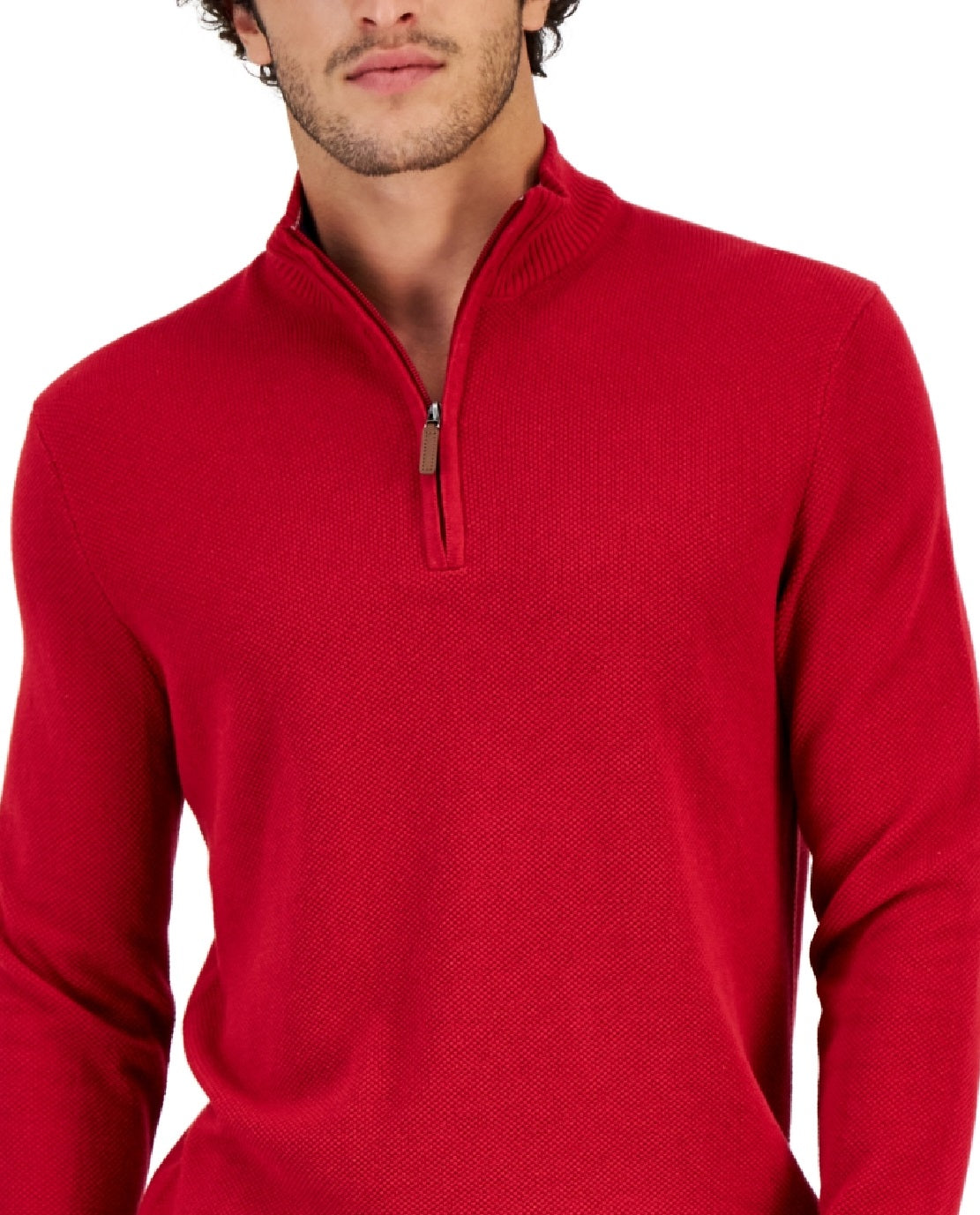 Suéter de algodão texturizado com zíper de um quarto masculino Club Room, vermelho, tamanho pequeno