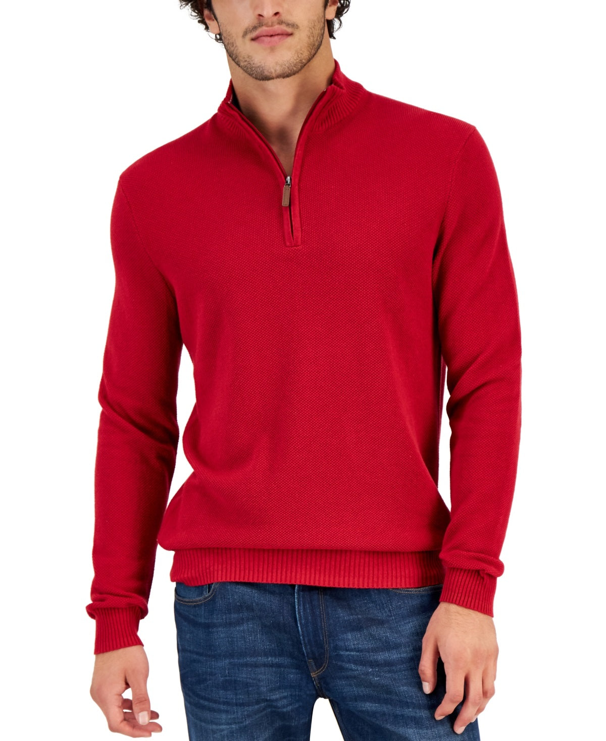 Suéter de algodão texturizado com zíper de um quarto masculino Club Room, vermelho, tamanho médio