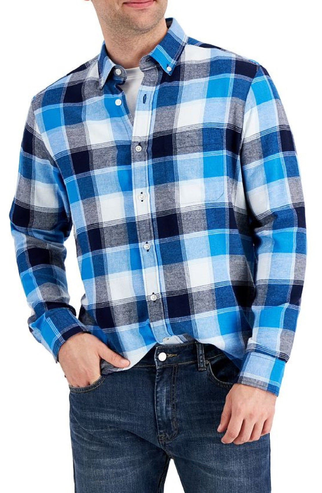Camisa de flanela xadrez masculina Club Room, tamanho XX-G, azul, ajuste regular