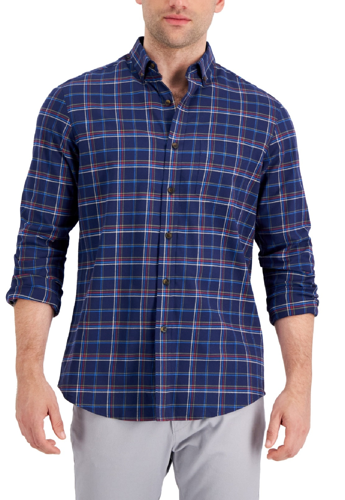 Camisa xadrez escovada Club Room masculina, tamanho médio, azul