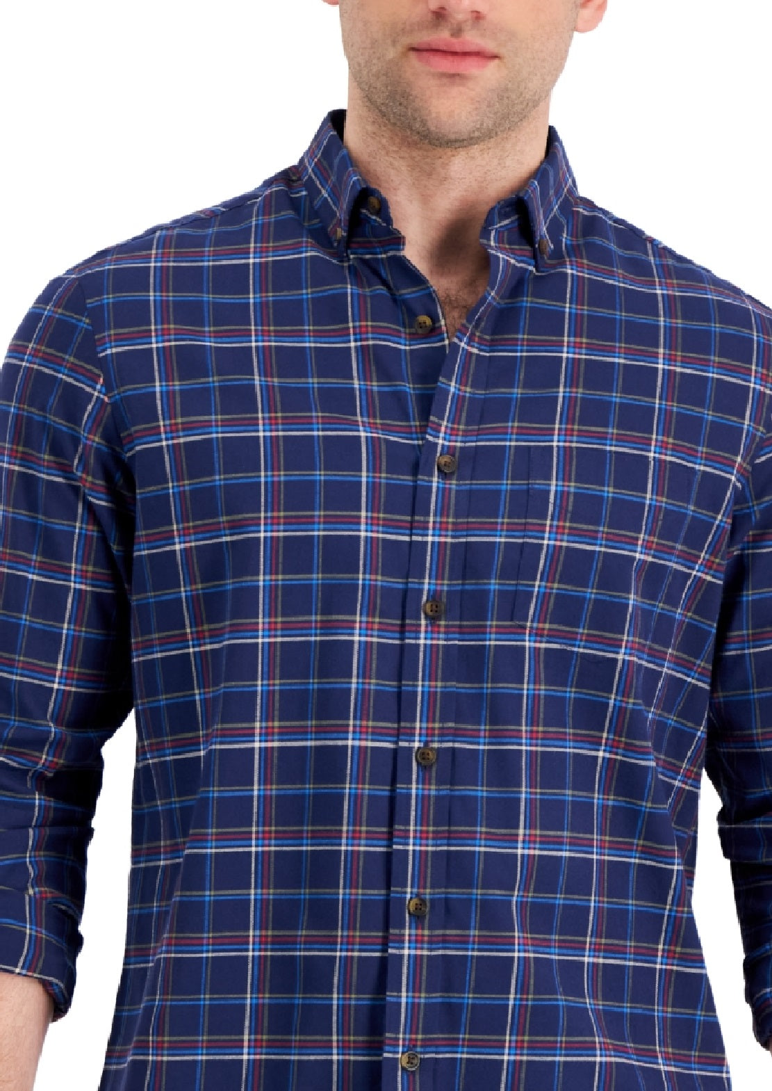 Camisa xadrez escovada Club Room masculina, tamanho médio, azul