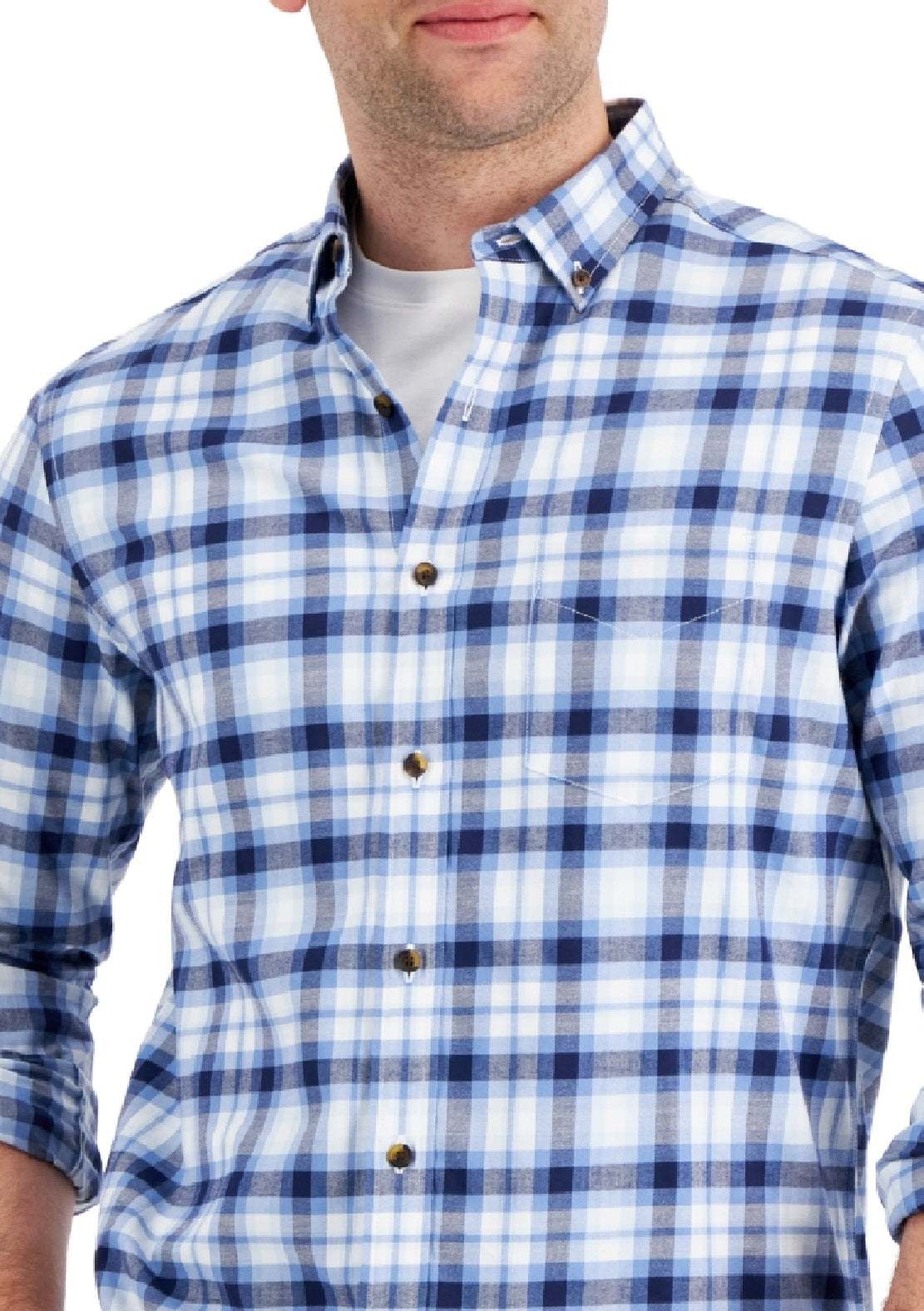 Camisa xadrez escovada Club Room masculina, tamanho grande, azul, tamanho regular