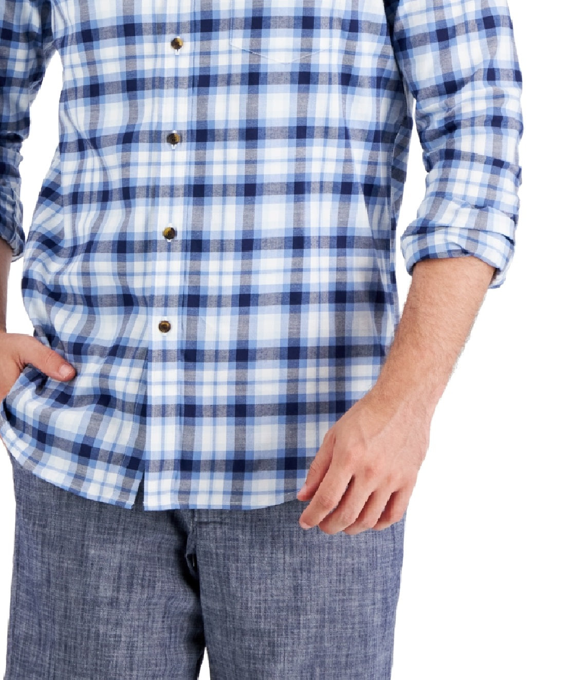 Camisa xadrez escovada Club Room masculina, tamanho grande, azul, tamanho regular