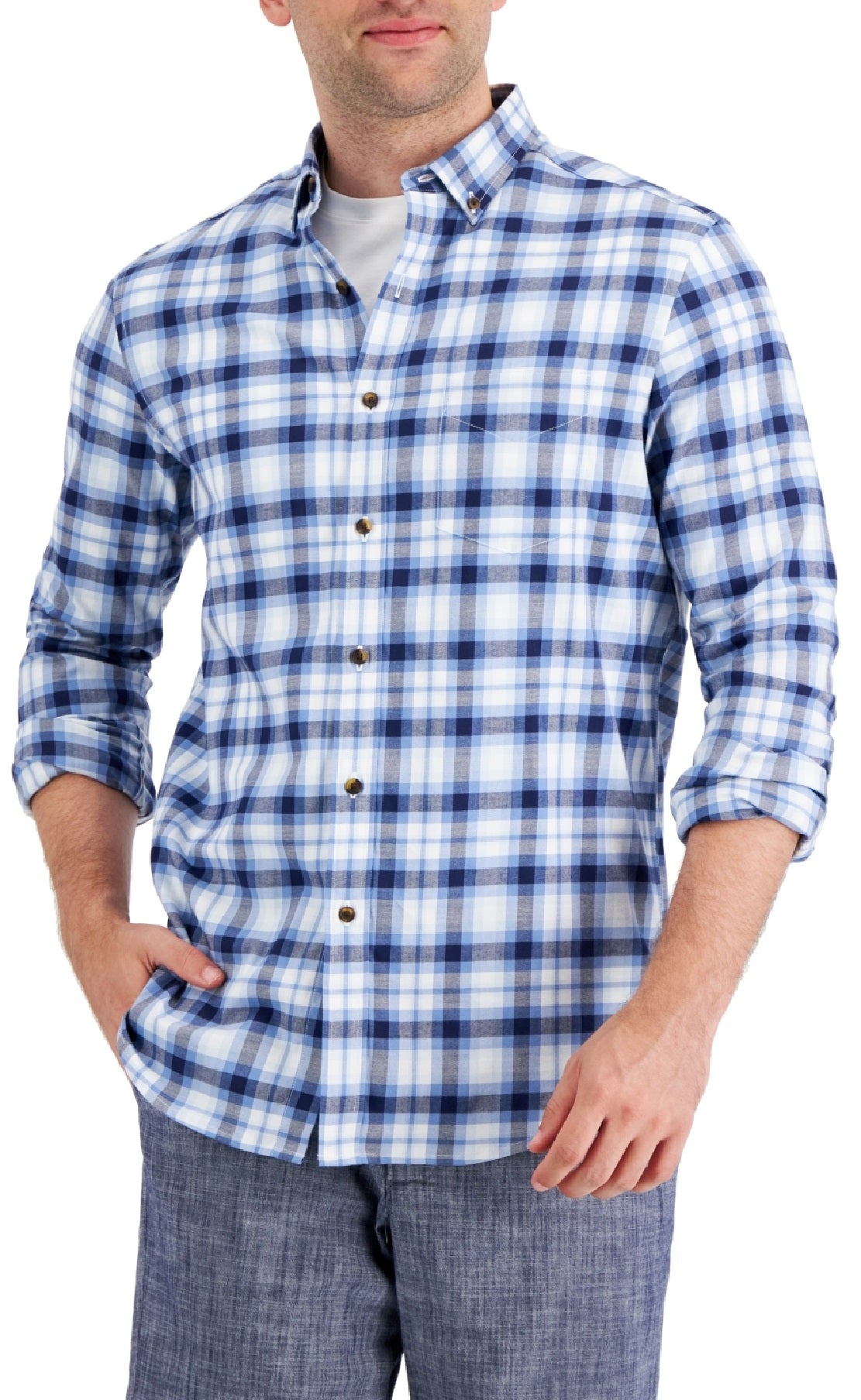 Camisa xadrez escovada Club Room masculina, tamanho XX-G, azul
