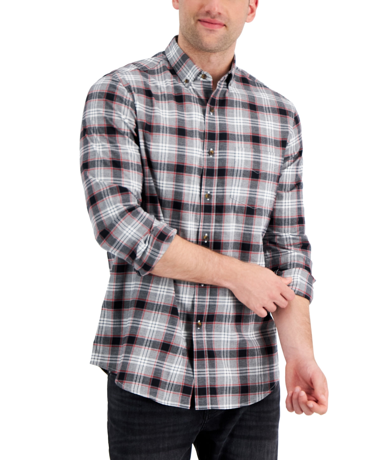 Camisa xadrez escovada masculina Club Room Regular Fit, preta, tamanho grande