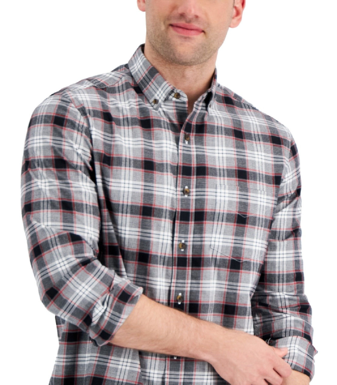 Camisa xadrez escovada masculina Club Room Regular Fit, preta, tamanho grande