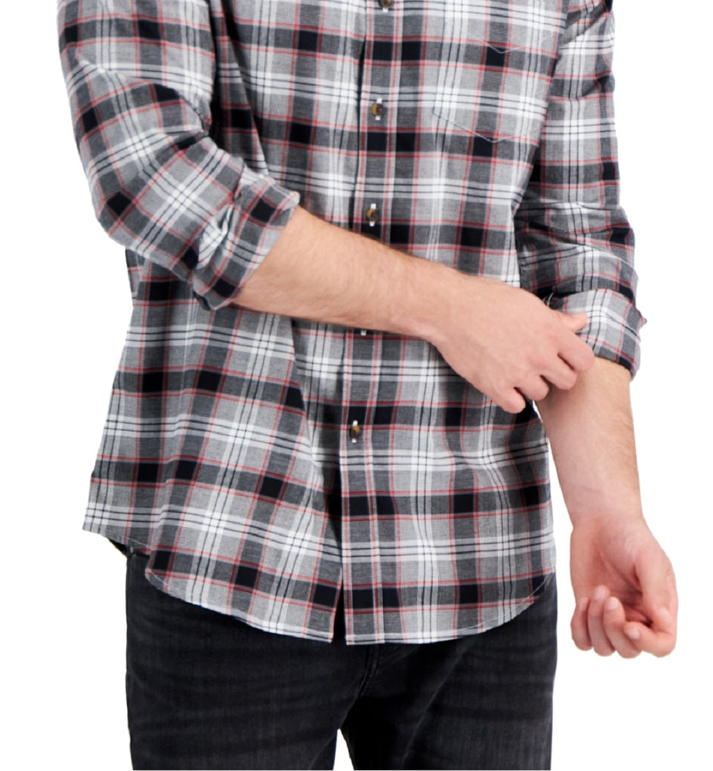 Camisa xadrez escovada masculina Club Room Regular Fit, preta, tamanho grande