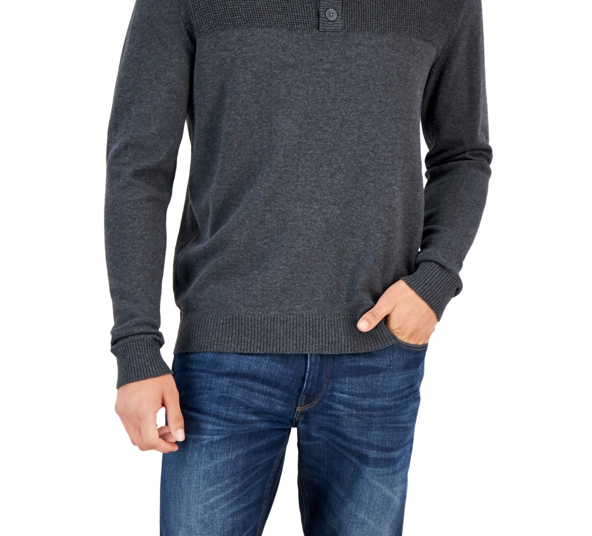 Suéter masculino com gola falsa e botões Club Room, cinza, tamanho extragrande