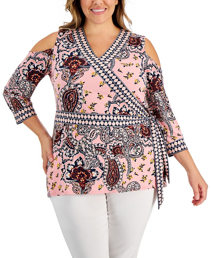 Blusa envolvente com estampa paisley Nancy da coleção JM feminina, rosa, tamanho 3X