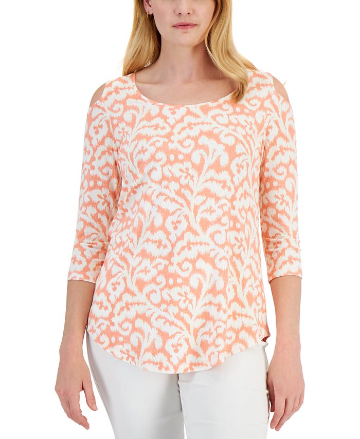 JM Collection Blusa feminina com estampa floral em jacquard rosa tamanho pequeno grande