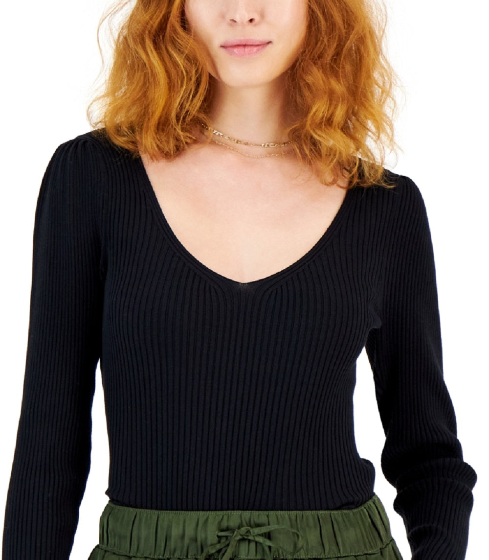 Suéter feminino canelado com ombros bufantes da INC International Concepts, preto, tamanho X-G