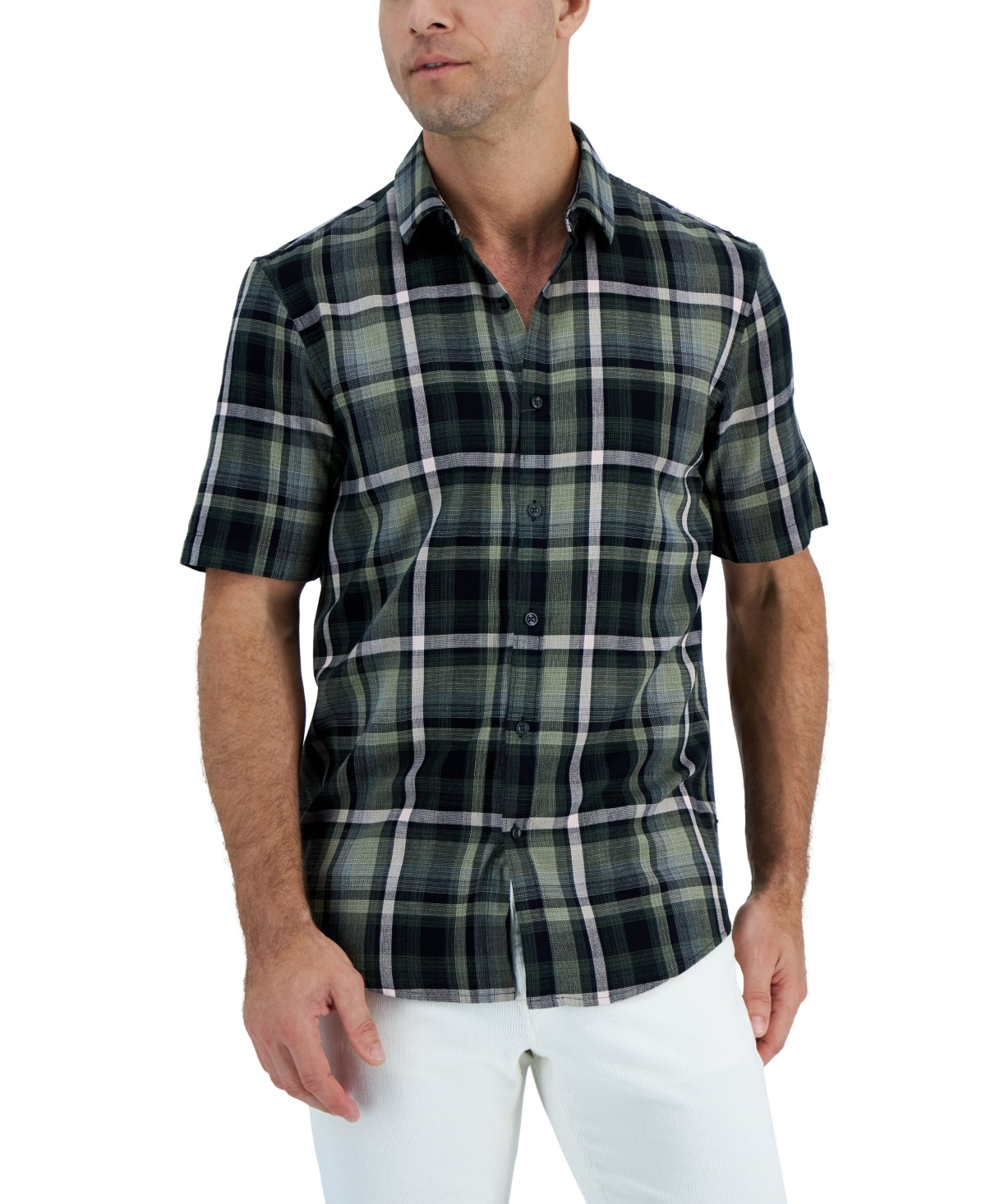Camisa xadrez xadrez Panamá masculina Alfani, manga curta, verde, tamanho médio
