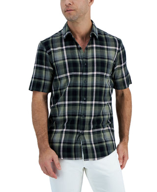 Camisa xadrez xadrez Panamá masculina Alfani, manga curta, verde, tamanho médio