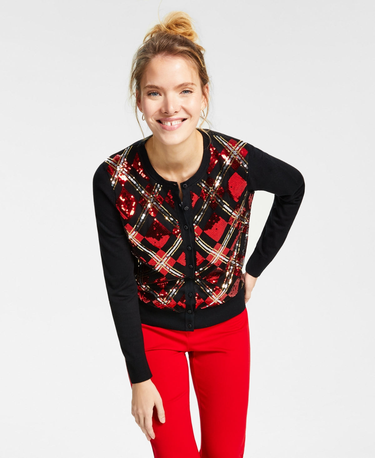 Cardigan feminino com lantejoulas e diamantes Charter Club, vermelho, tamanho médio