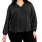 Blusa feminina Alfani com decote em V alto e baixo, preta, tamanho 3X