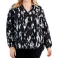 Blusa feminina Alfani com estampa decote em V, cano alto e baixo, preta, tamanho 2X