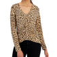Blusa feminina com estampa de leopardo e franzido frontal, marrom, tamanho X-S