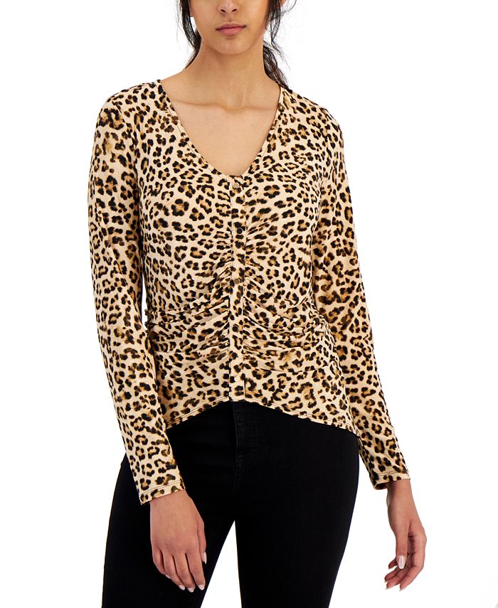 Blusa feminina com estampa de leopardo e franzido frontal, marrom, tamanho X-S