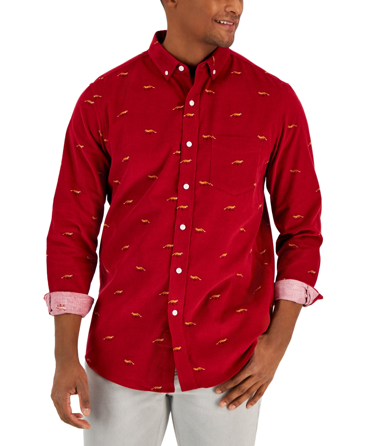 Camisa Masculina Club Room Manga Longa Veludo Cotelê Estampado Fox Vermelho Tamanho Médio