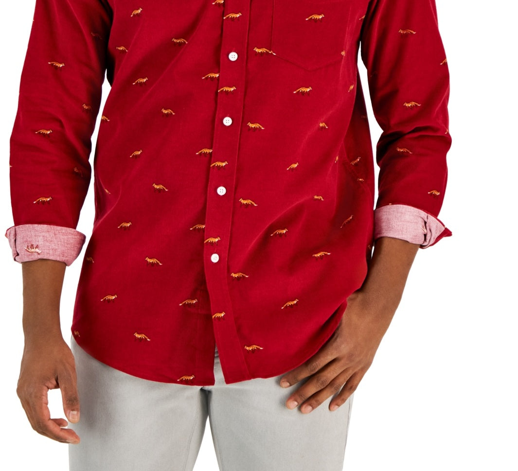 Camisa Masculina Club Room Manga Longa Veludo Cotelê Estampado Fox Vermelho Tamanho Médio