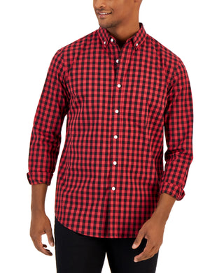 Camisa de popeline xadrez com botões Grant Classic Fit Club Room Masculina, vermelha, tamanho médio