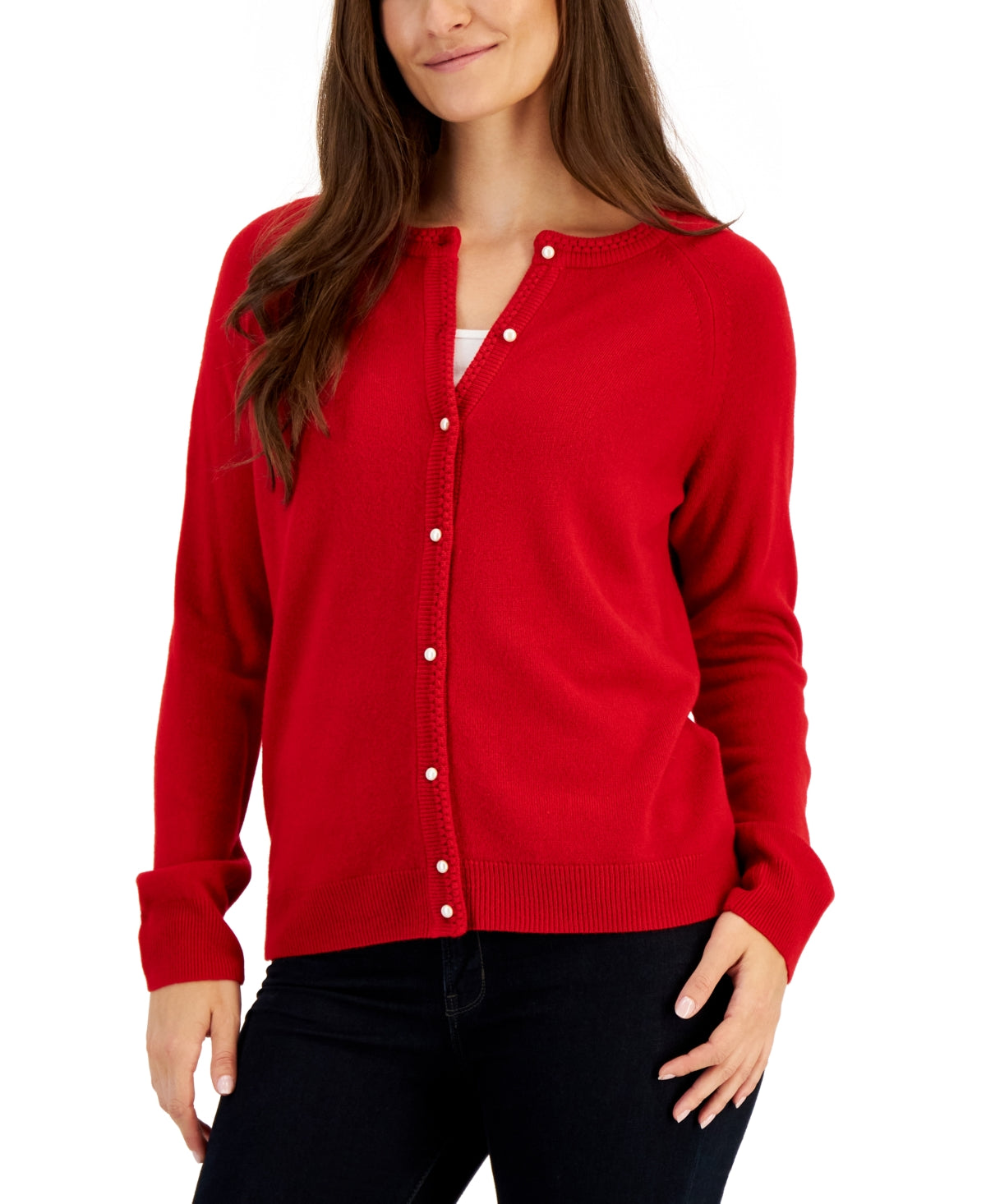 Karen Scott Cardigan Feminino com Gola Redonda e Botões Perolados, Tamanho Médio