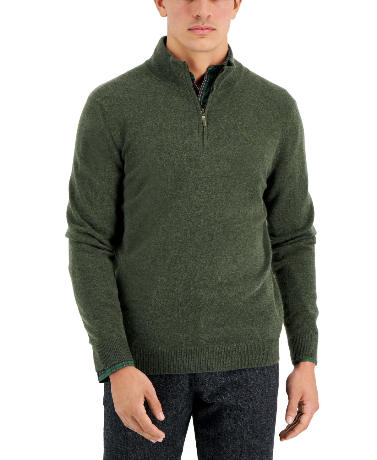 Suéter masculino de cashmere com zíper de um quarto, verde, tamanho extragrande